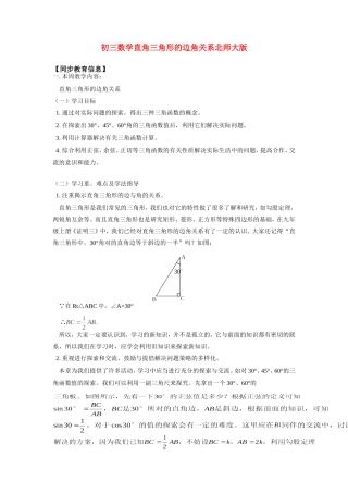 九年级数学直角三角形的边角关系北师大版知识精讲试卷