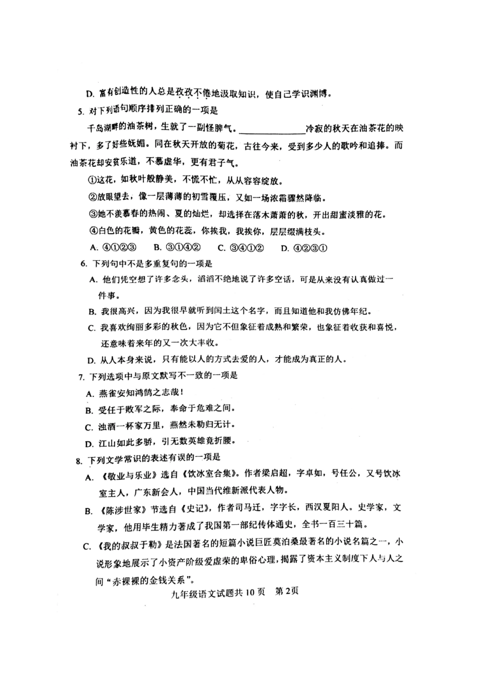 山东省泰安市高新区九年级语文上学期期中试卷新人教版五四制试卷_第2页