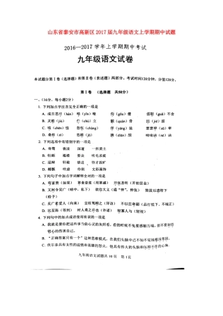山东省泰安市高新区九年级语文上学期期中试卷新人教版五四制试卷