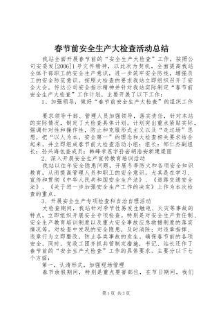 春节前安全生产大检查活动总结 