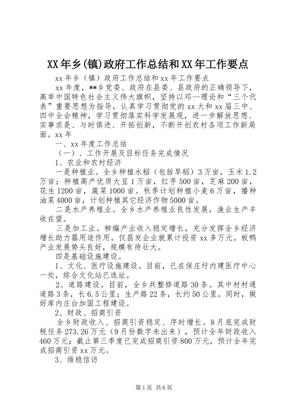 XX年乡(镇)政府工作总结和XX年工作要点 _第1页