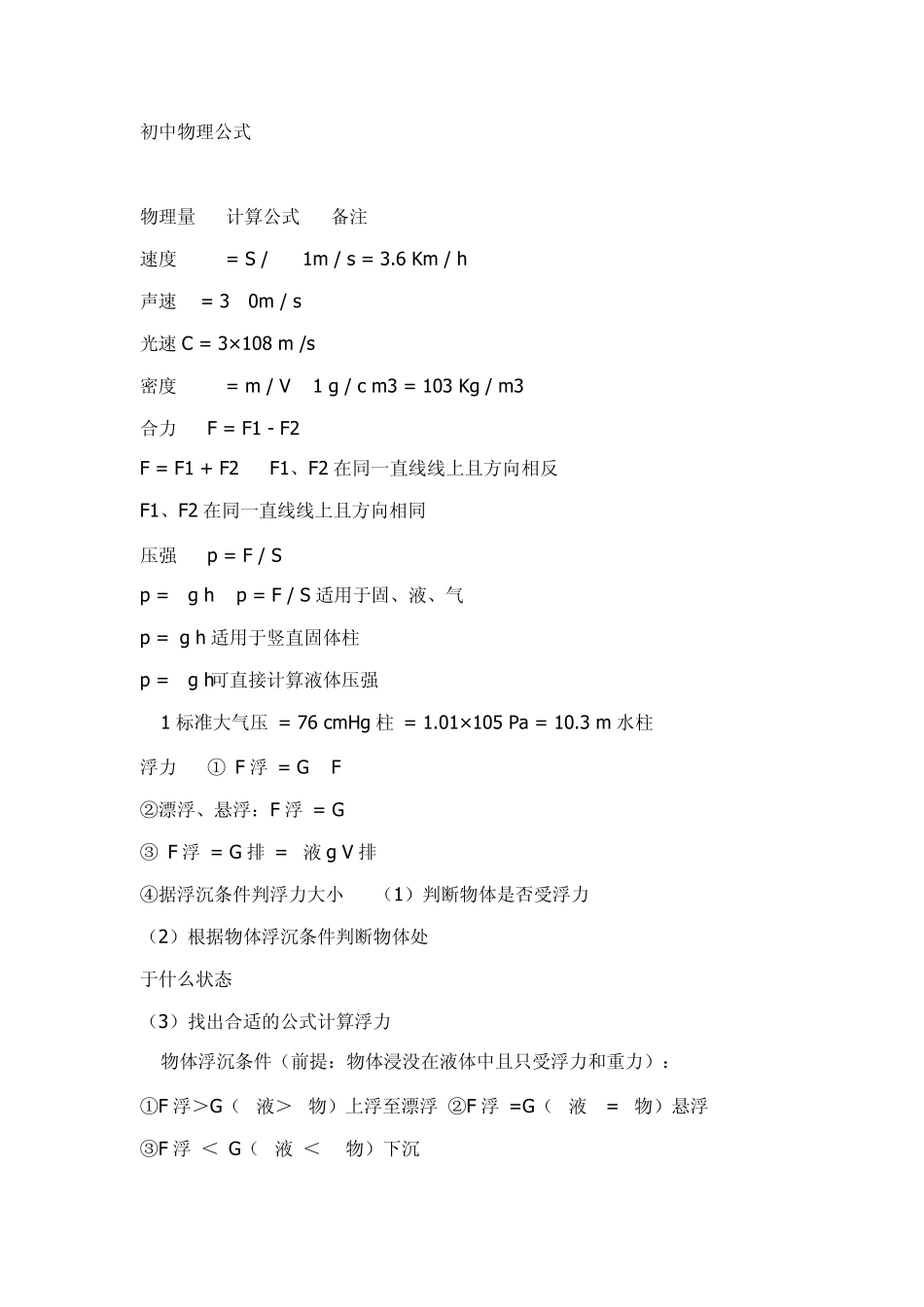 初中中考物理复习资料(全部公式)_第1页