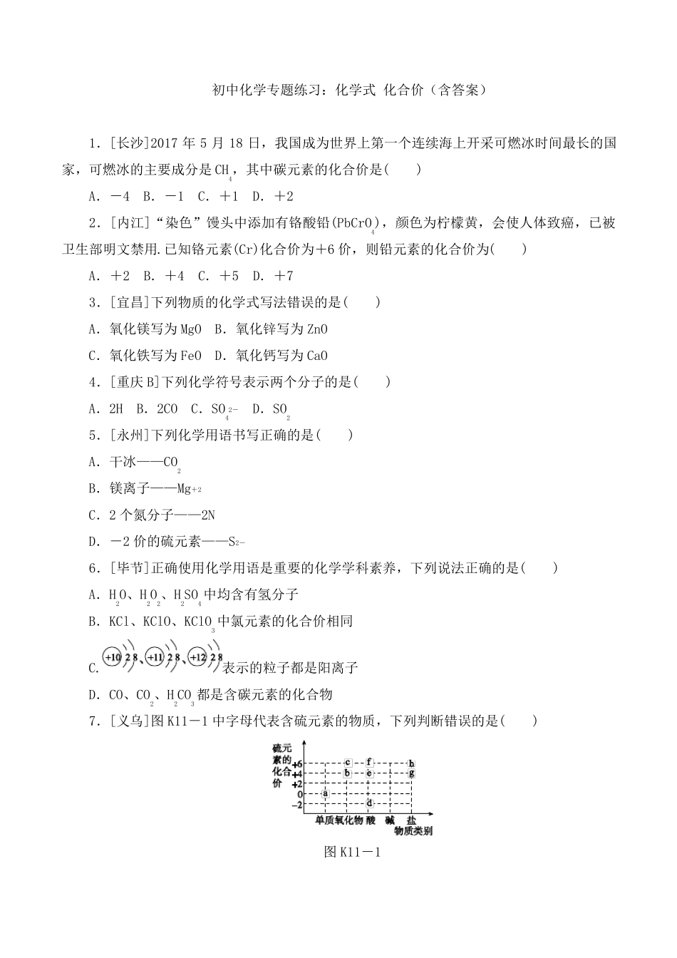 初中化学专题练习：化学式化合价_第1页