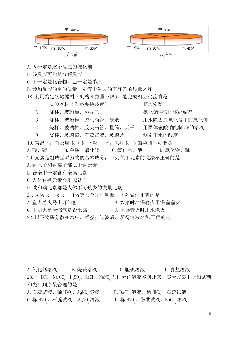 初中化学中小学教师专业素质考试试题_第3页