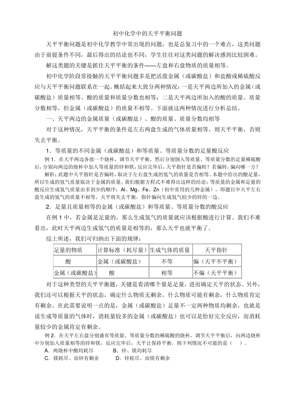 初中化学中的天平平衡问题_第1页