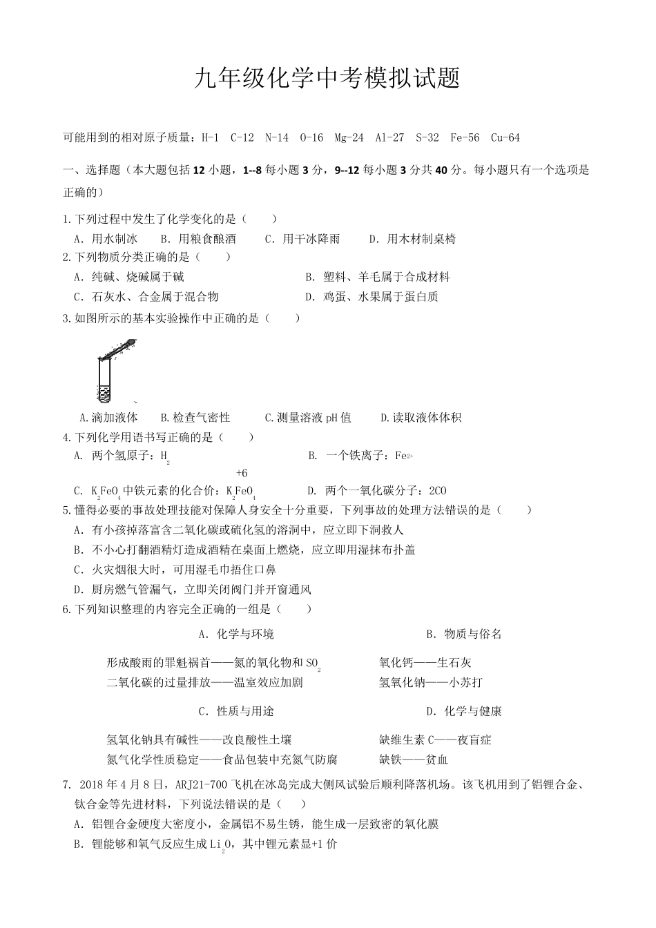 初中化学中考模拟试题_第1页