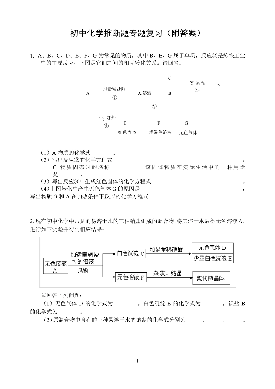 初中化学推断题专题附答案_第1页