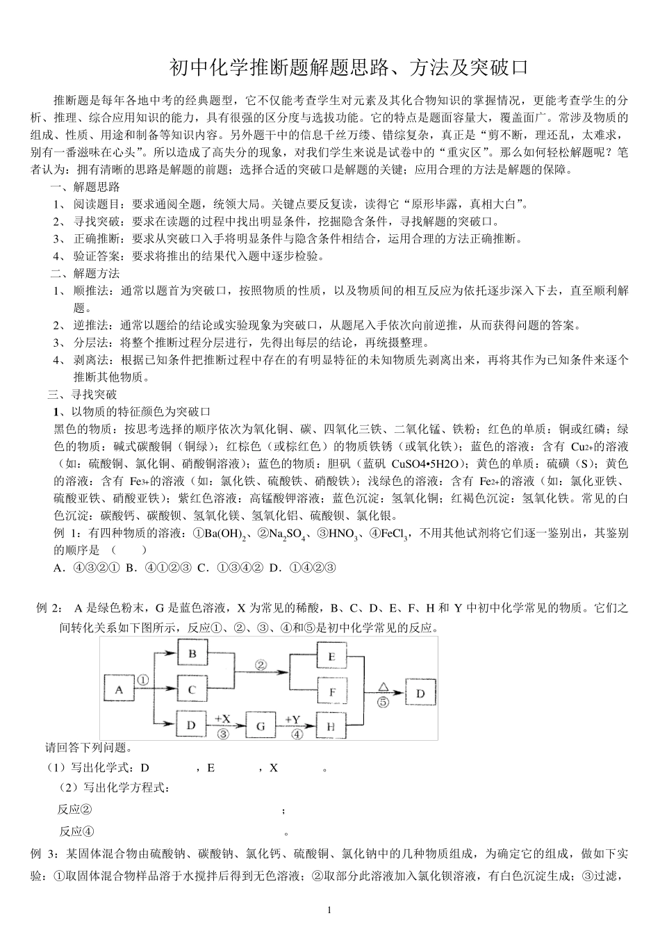 初中化学推断题解题思路、方法及突破口_第1页