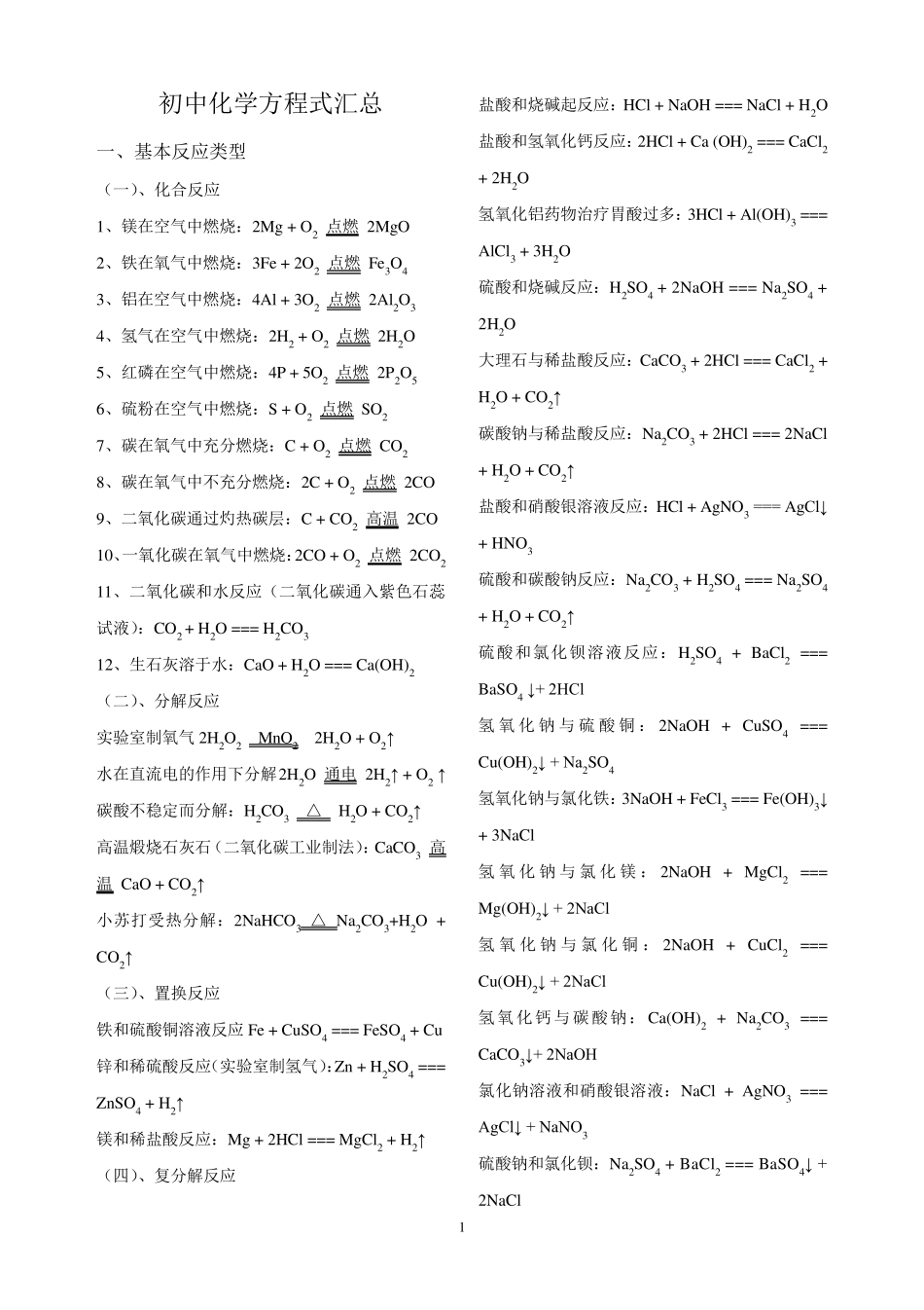 初中化学方程式汇总_第1页