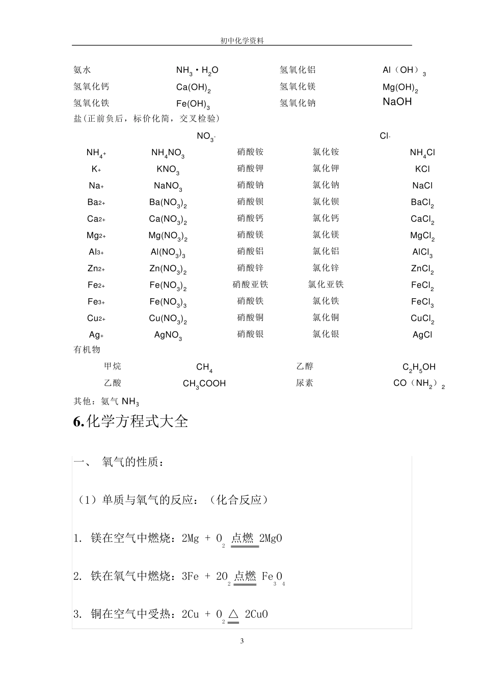 初中化学资料大全(元素符号、化合价口诀、离子符号、俗名、化学式、化学方程式)_第3页