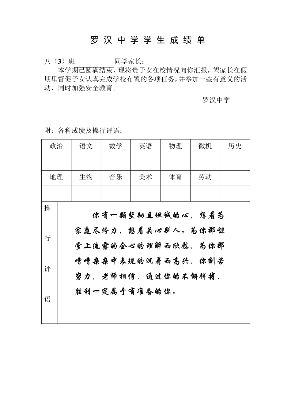初中学生成绩报告单模板_第1页