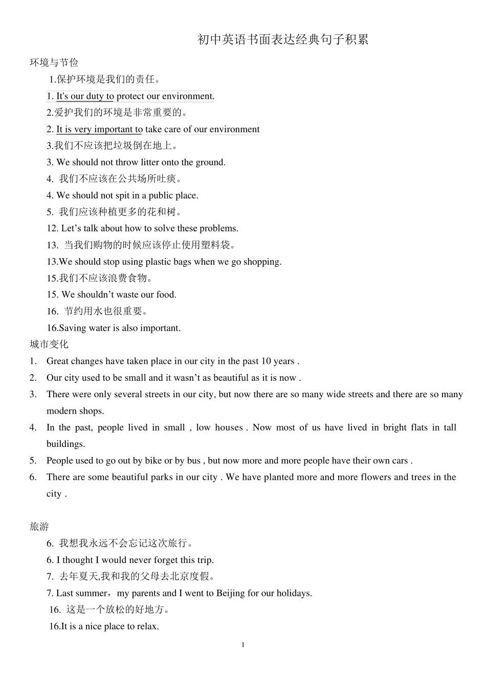 初中常用经典好用英语作文句子_第1页