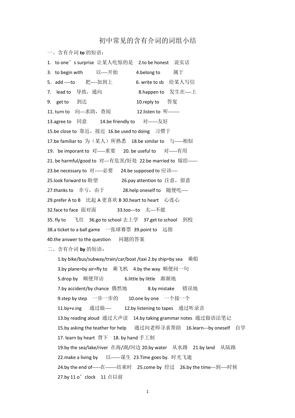 初中常见的含有介词的词组小结)_第1页