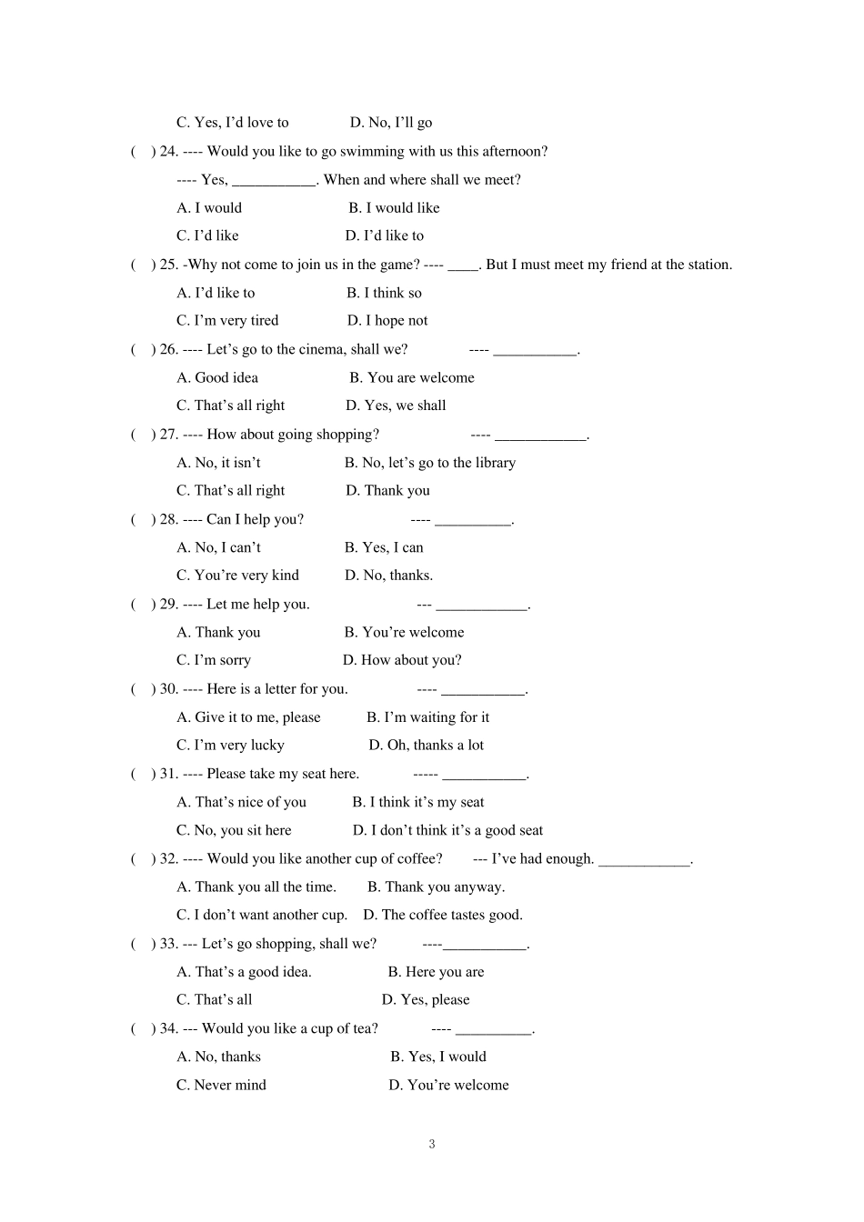 初中情景对话选择题与答案_第3页