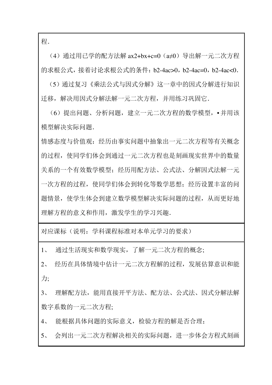 初中数学《一元二次方程》主题单元教学设计以及思维_第3页
