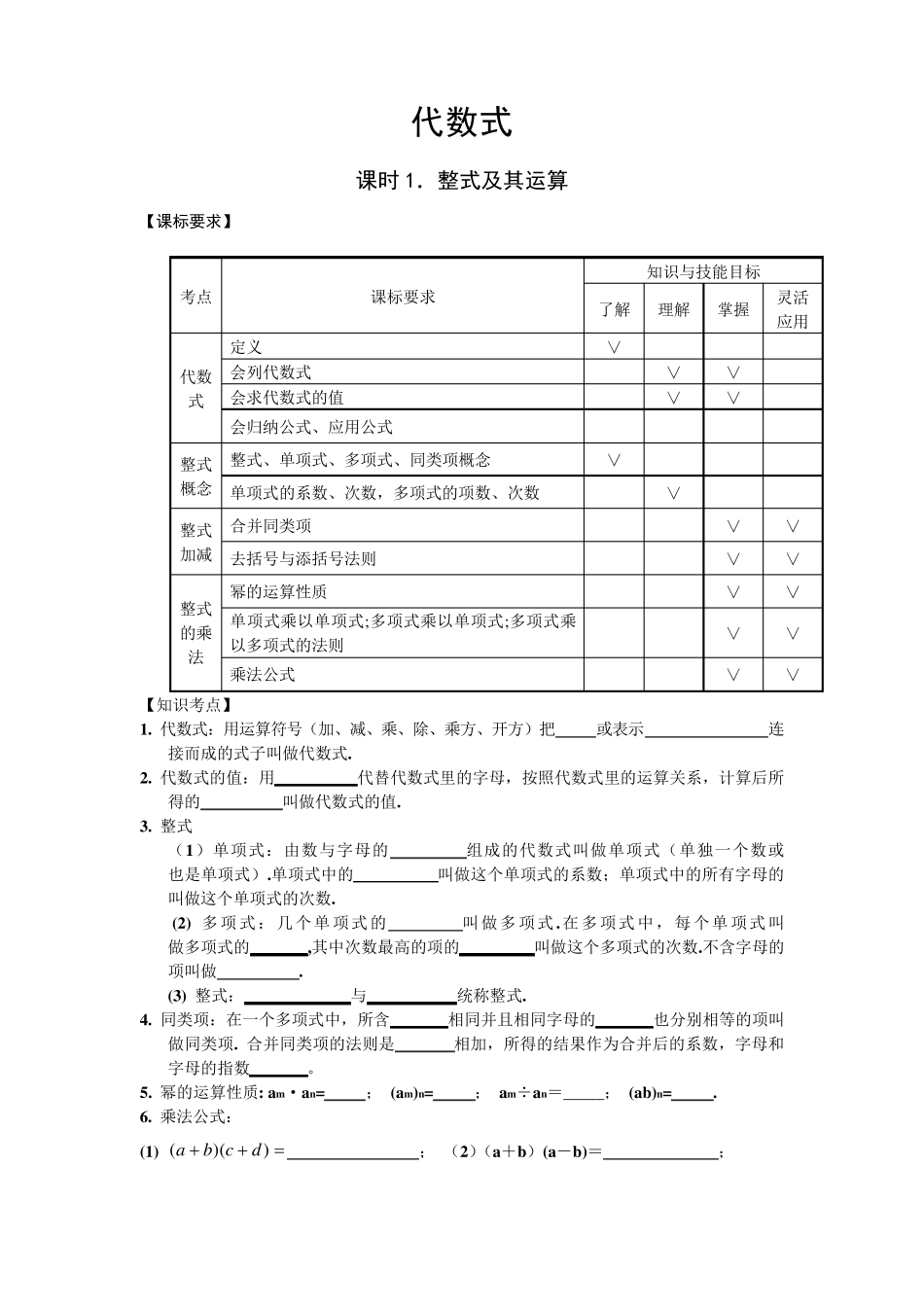 初中数学代数式,整式和分式知识点和练习题_第1页