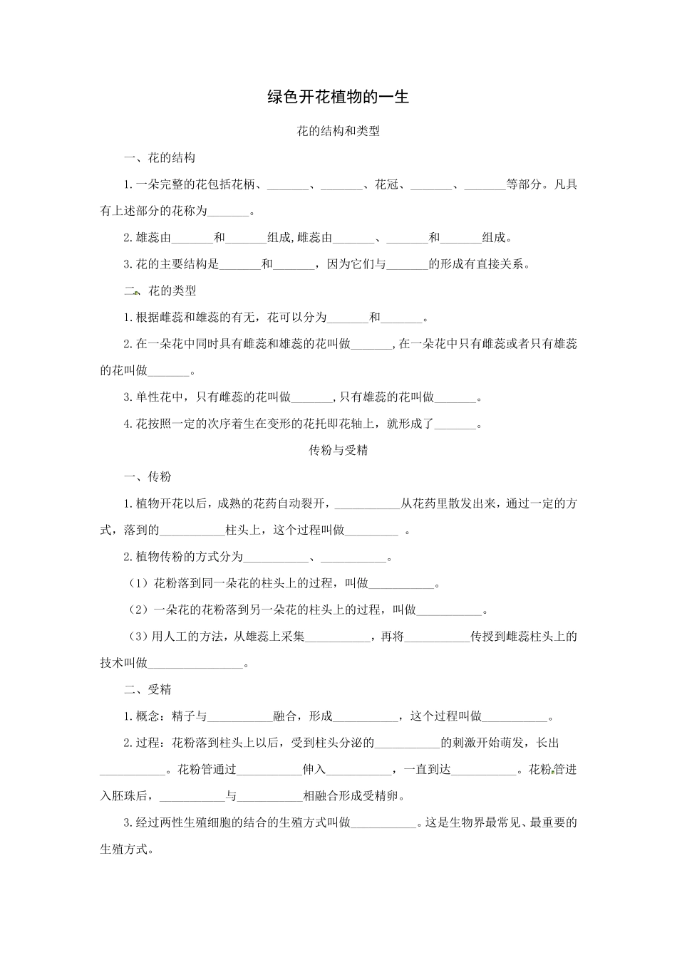 初中生物花的结构和类型知识点及复习题_第1页
