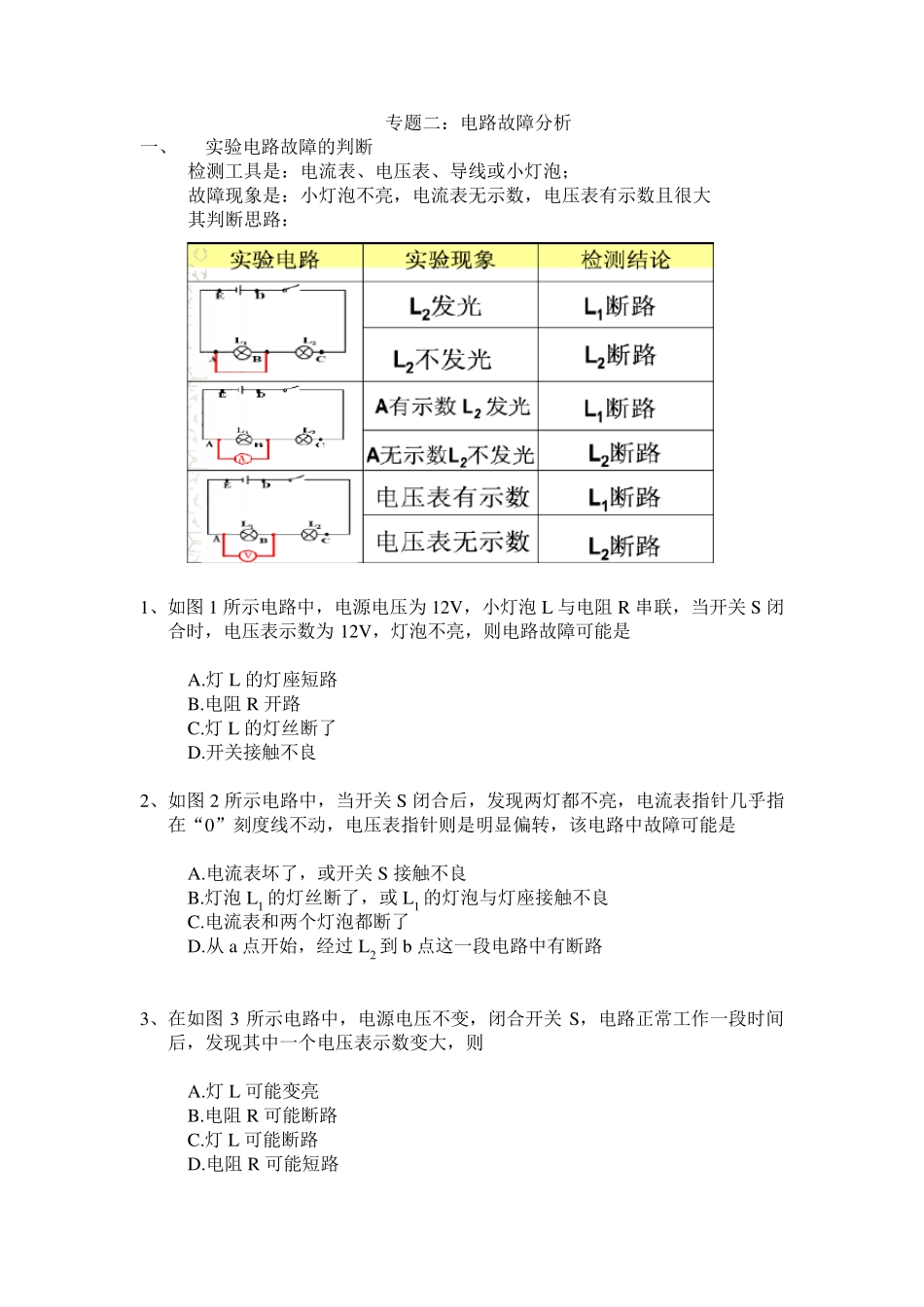 初中电路故障分析思路、试题及答案_第1页