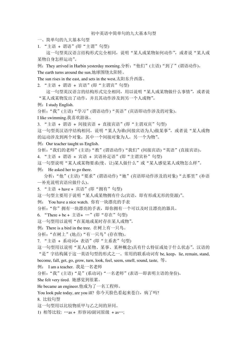 初中英语中简单句的九大基本句型_第1页