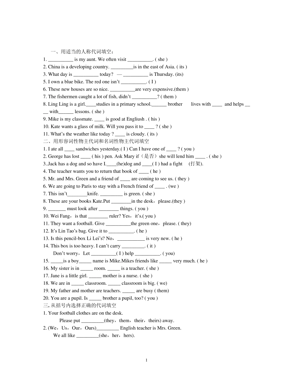 初中英语代词讲解及习题_第1页