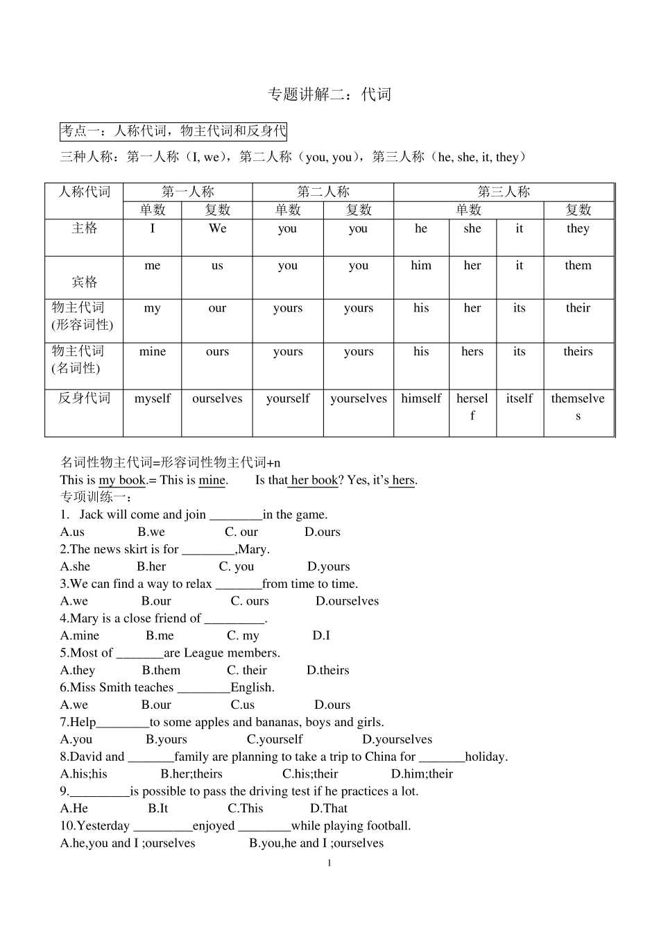初中英语代词讲解级练习题_第1页