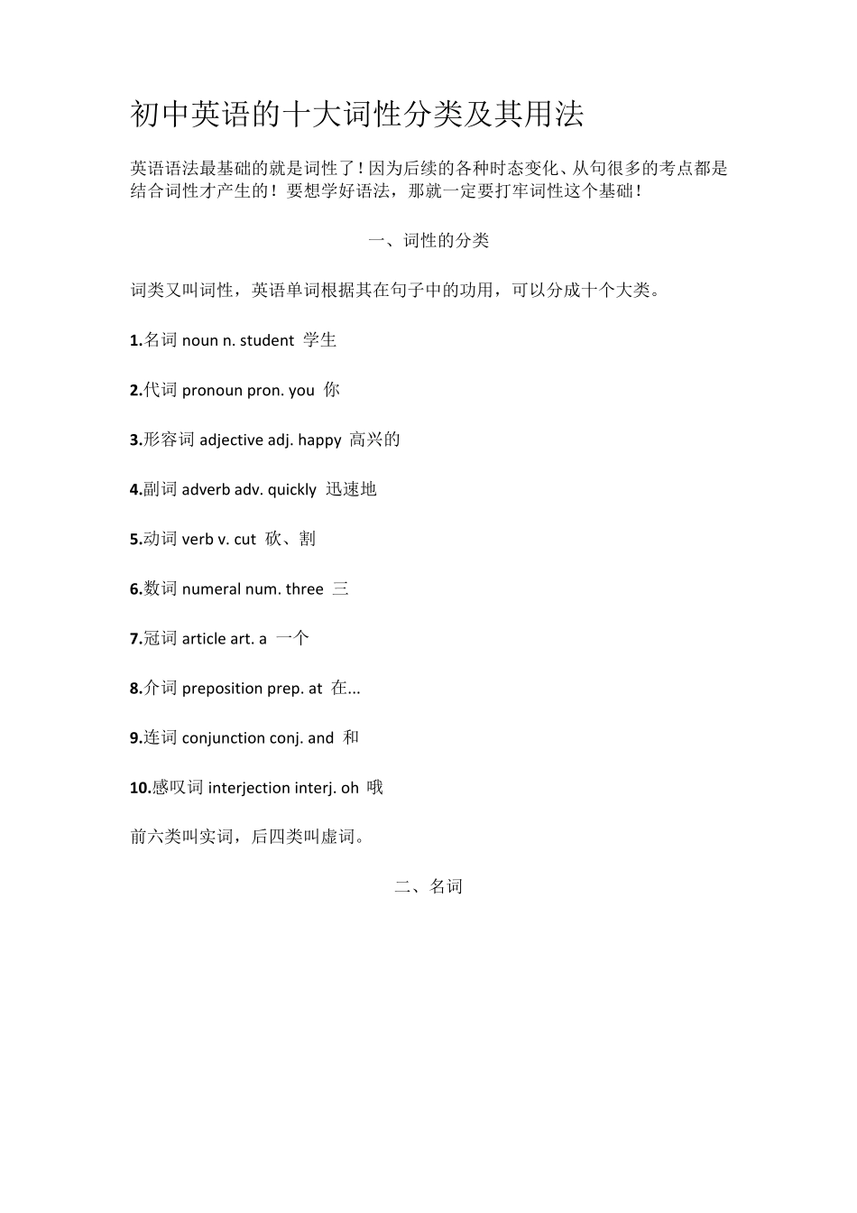 初中英语的十大词性分类及其用法_第1页