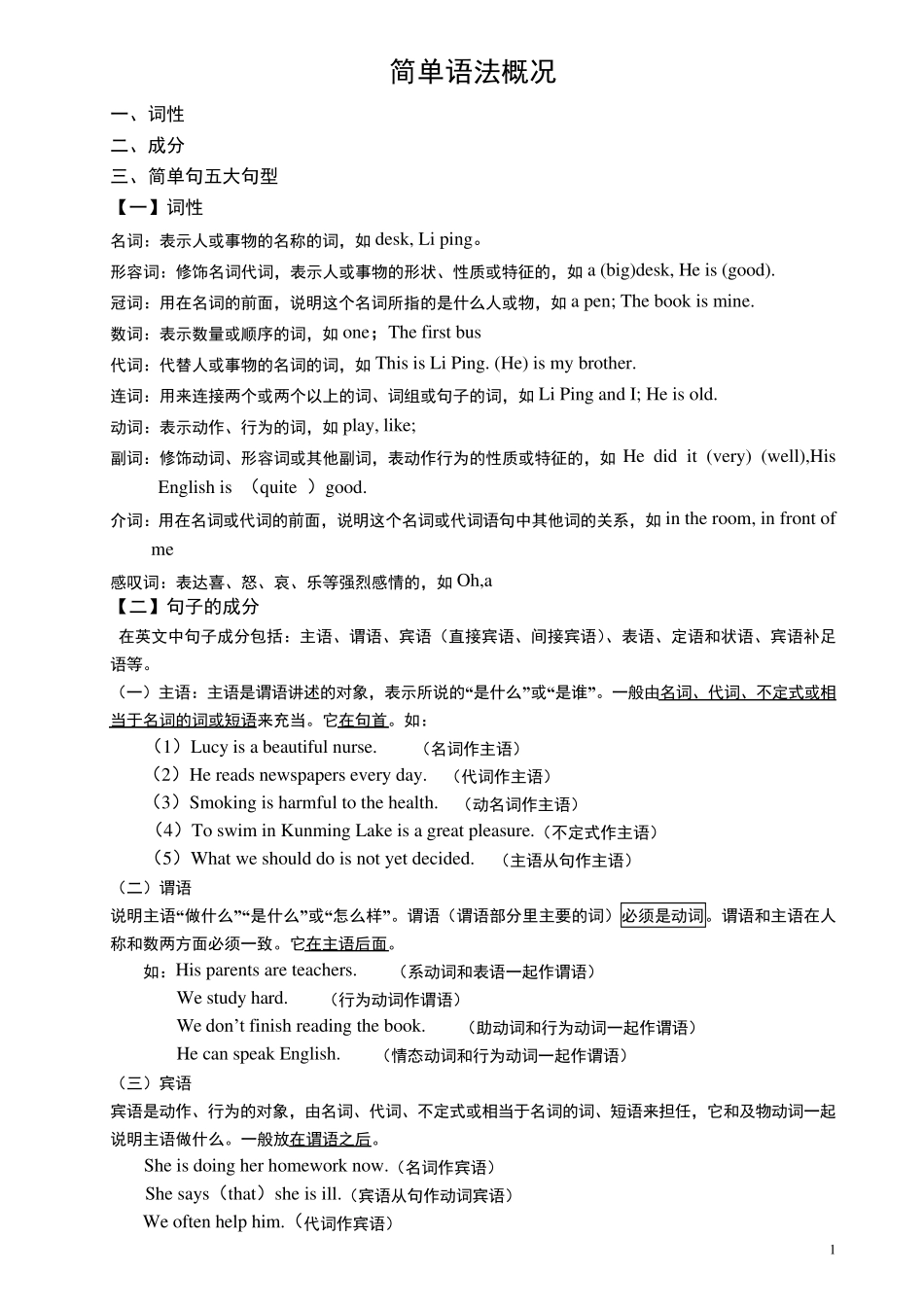 初中英语词性及句子成分、句型__第1页