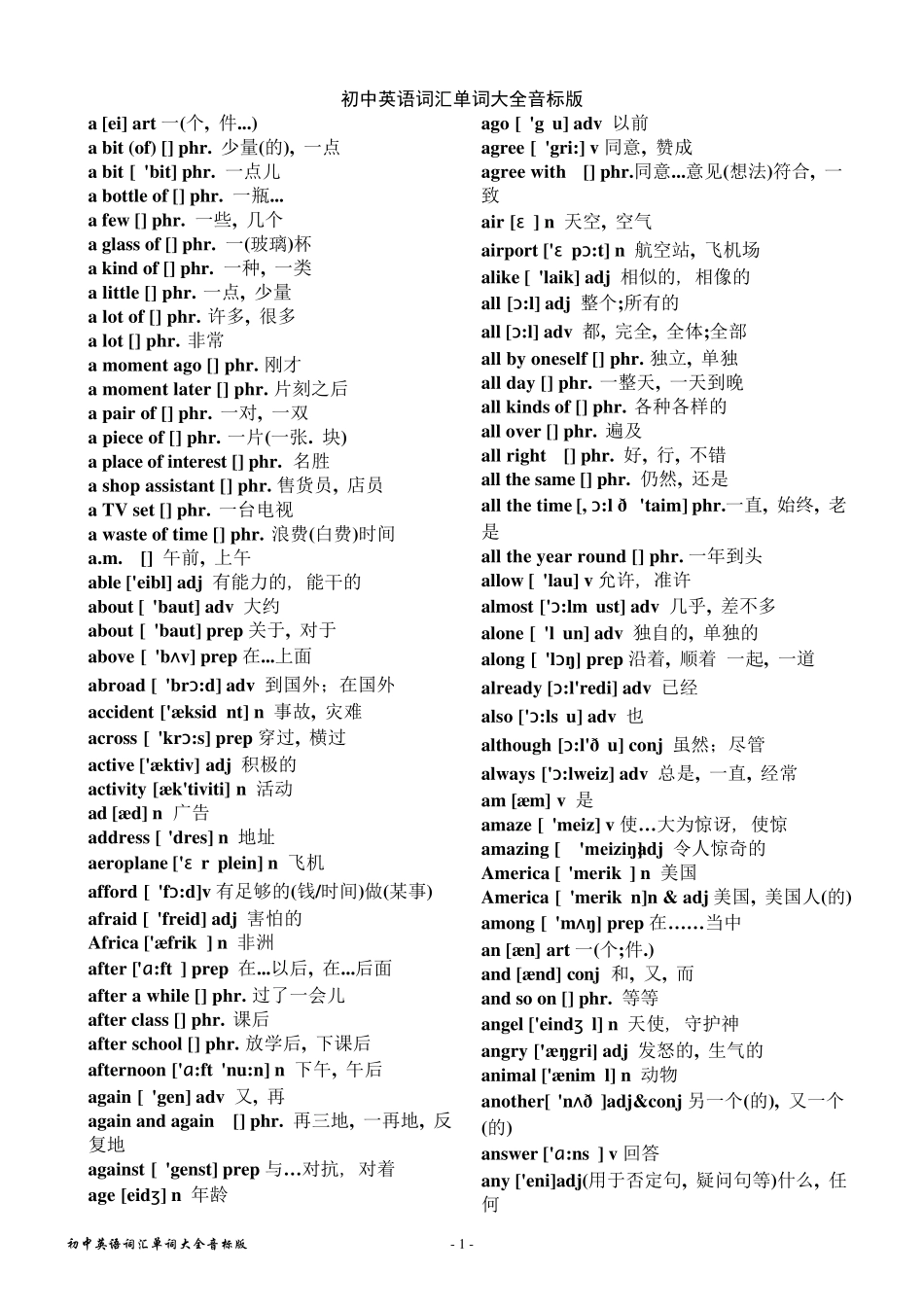 初中英语词汇单词带音标按字母排序_第1页