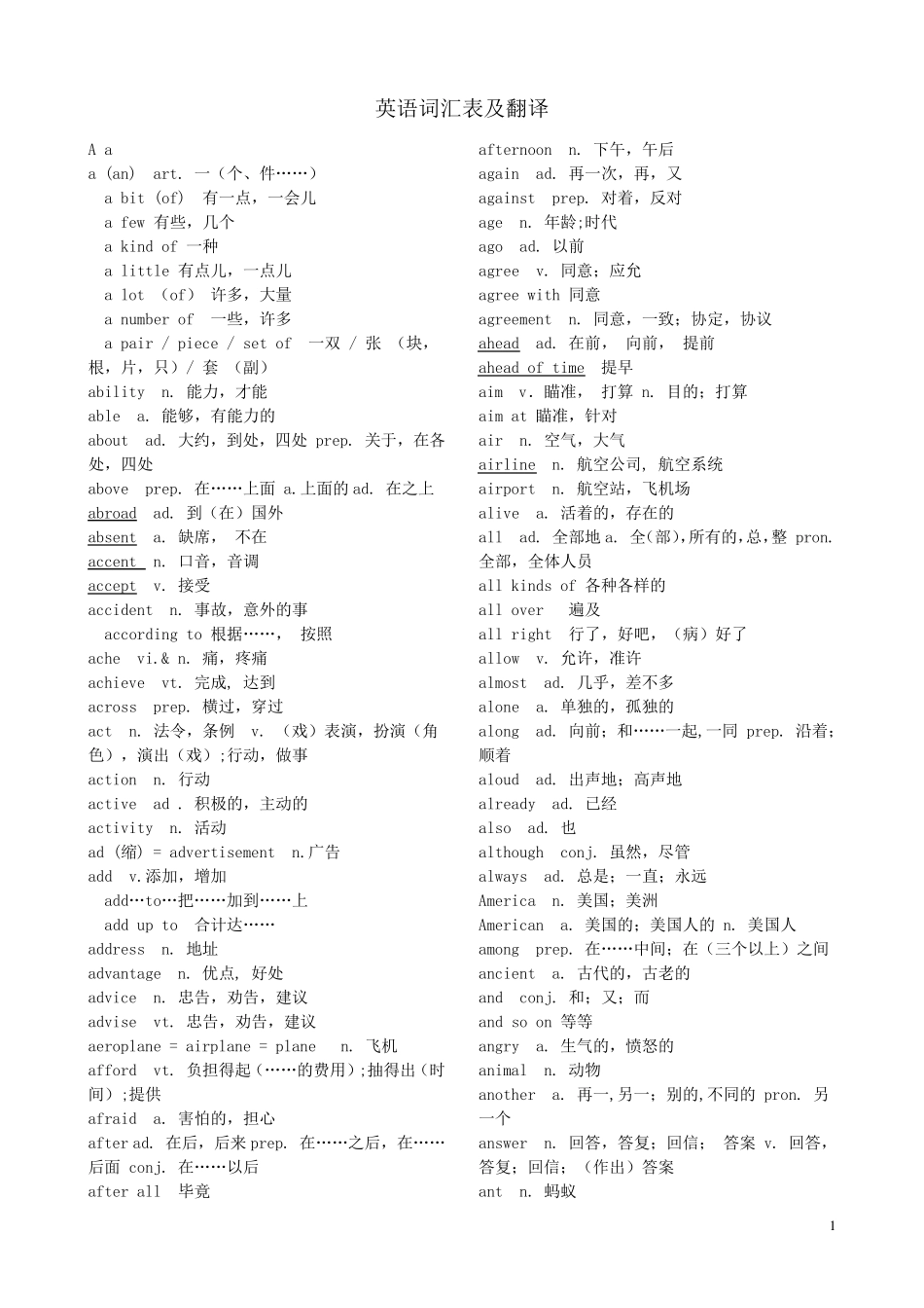 初中英语词汇表及翻译_第1页