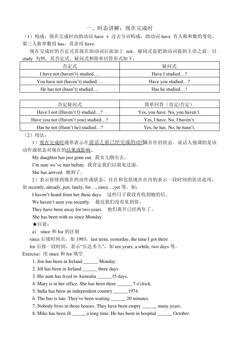 初中英语语法现在完成时练习题及答案_第1页