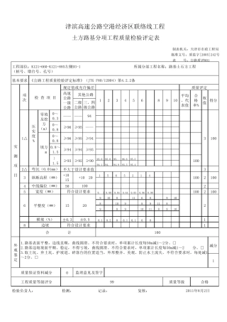 土方路基分项工程质量检验评定表