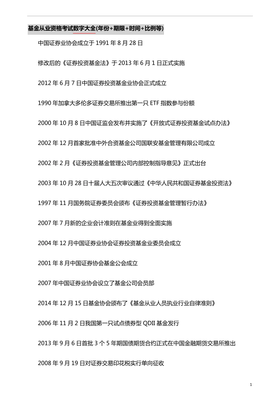基金从业资格考试数字大全(年份+期限+时间+比例等)高频考点归纳汇总(十类)_第1页
