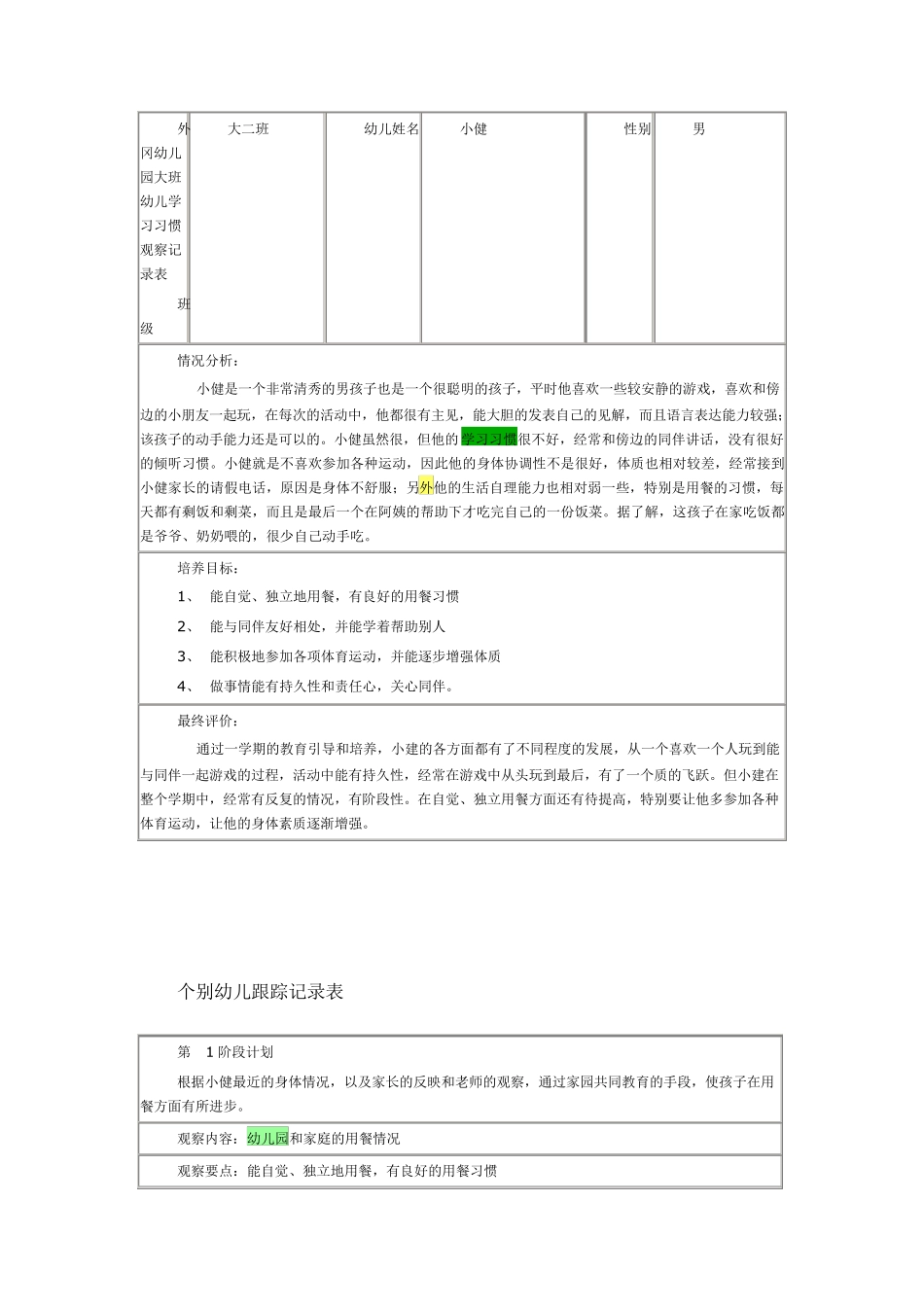 外冈幼儿园大班幼儿学习习惯观察记录表_第1页
