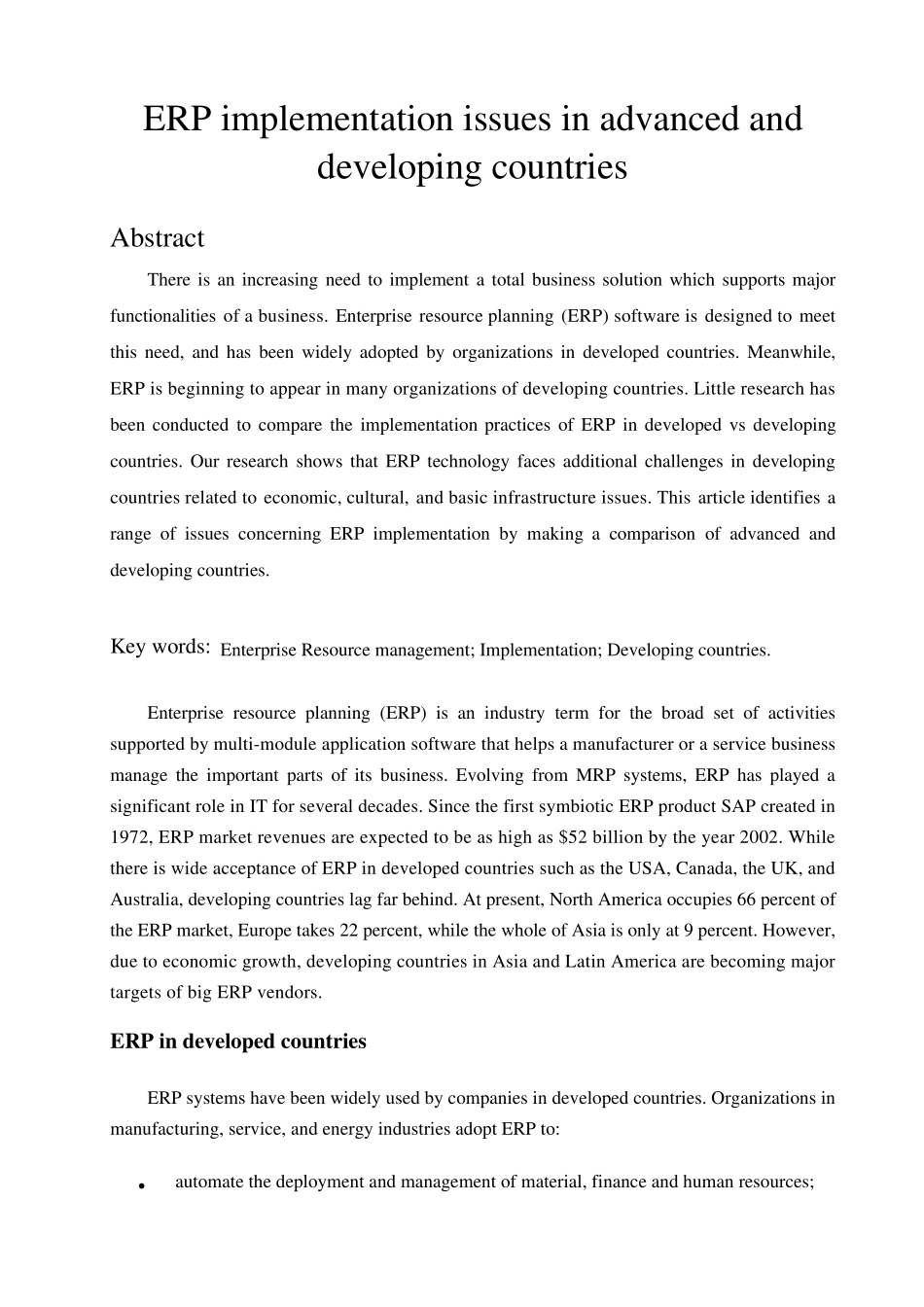 外文文献翻译：发达国家和发展中国家的ERP实施问题_第1页