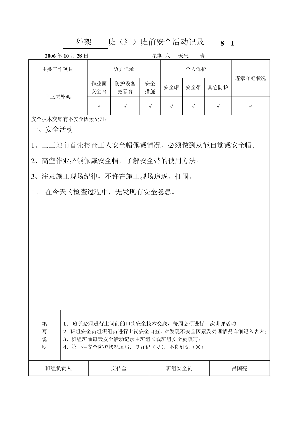 外架班(组)班前安全活动记录8—1_第1页