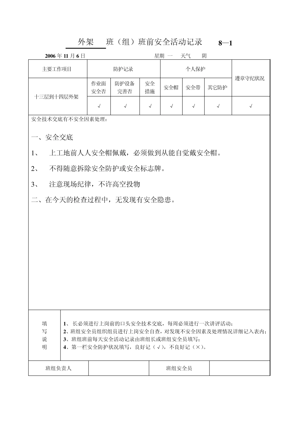 外架班(组)班前安全活动记录8—1_第2页