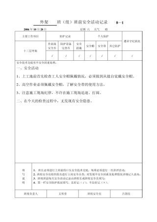 外架班(组)班前安全活动记录8—1