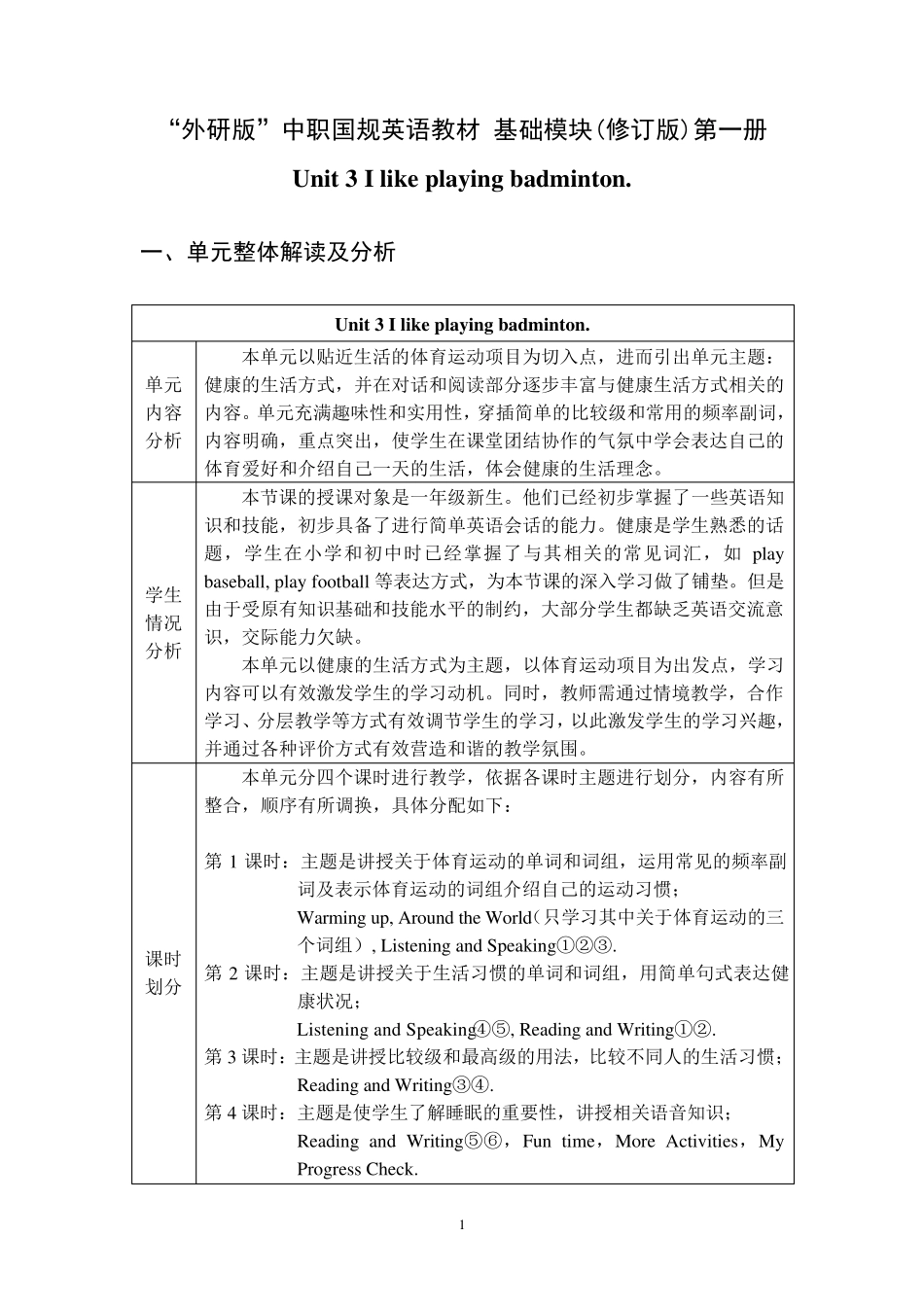 外研中职国规英语教材基础模块第一册unit3Ilikeplayingbadminton_第1页