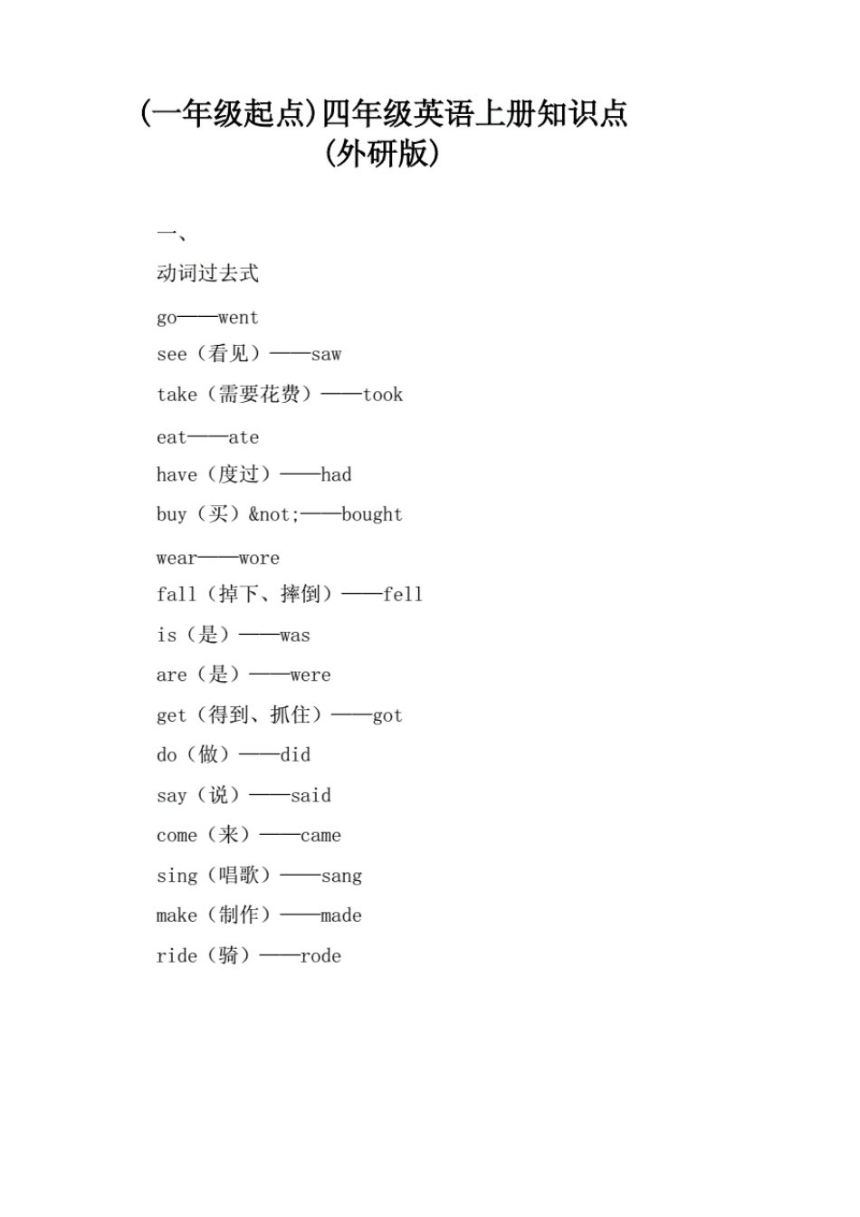 外研版(一年级起点)四年级英语上册知识点复习_第1页