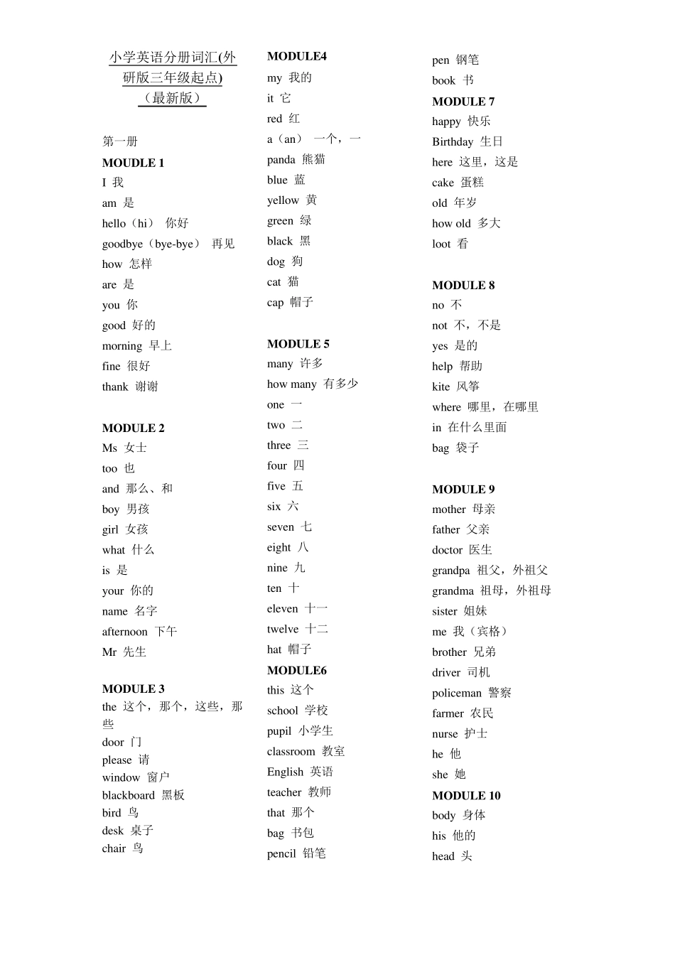 外研版(三年级起)小学英语单词总表_第1页