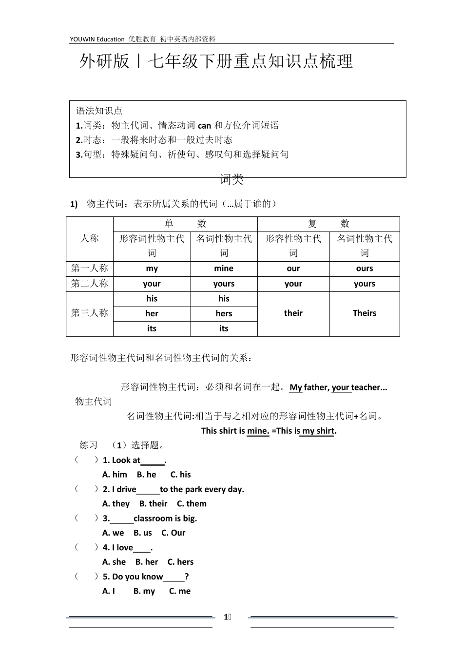 外研版七年级下册英语语法专题复习(含练习)_第1页