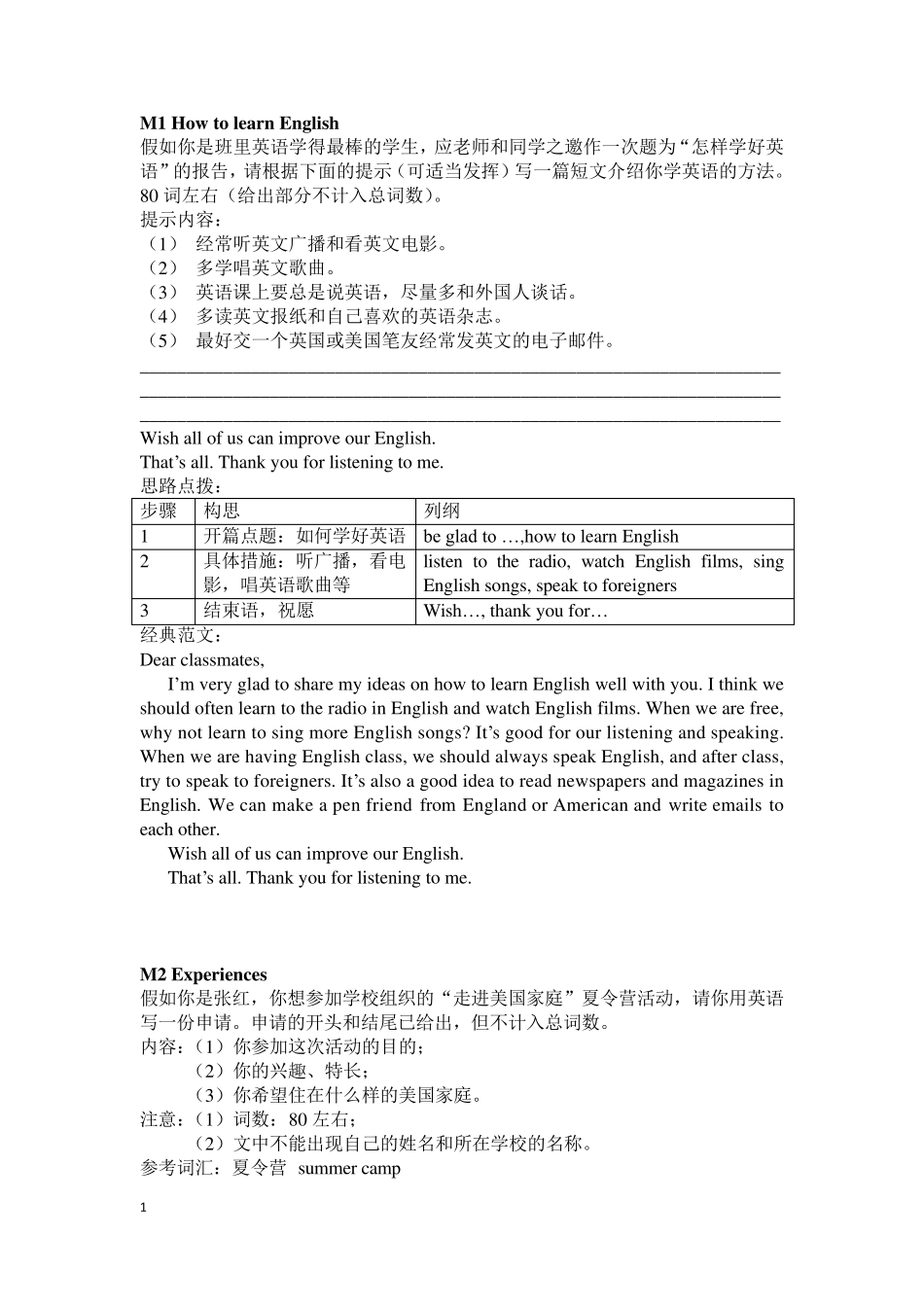 外研版八年级上英语作文范文_第1页