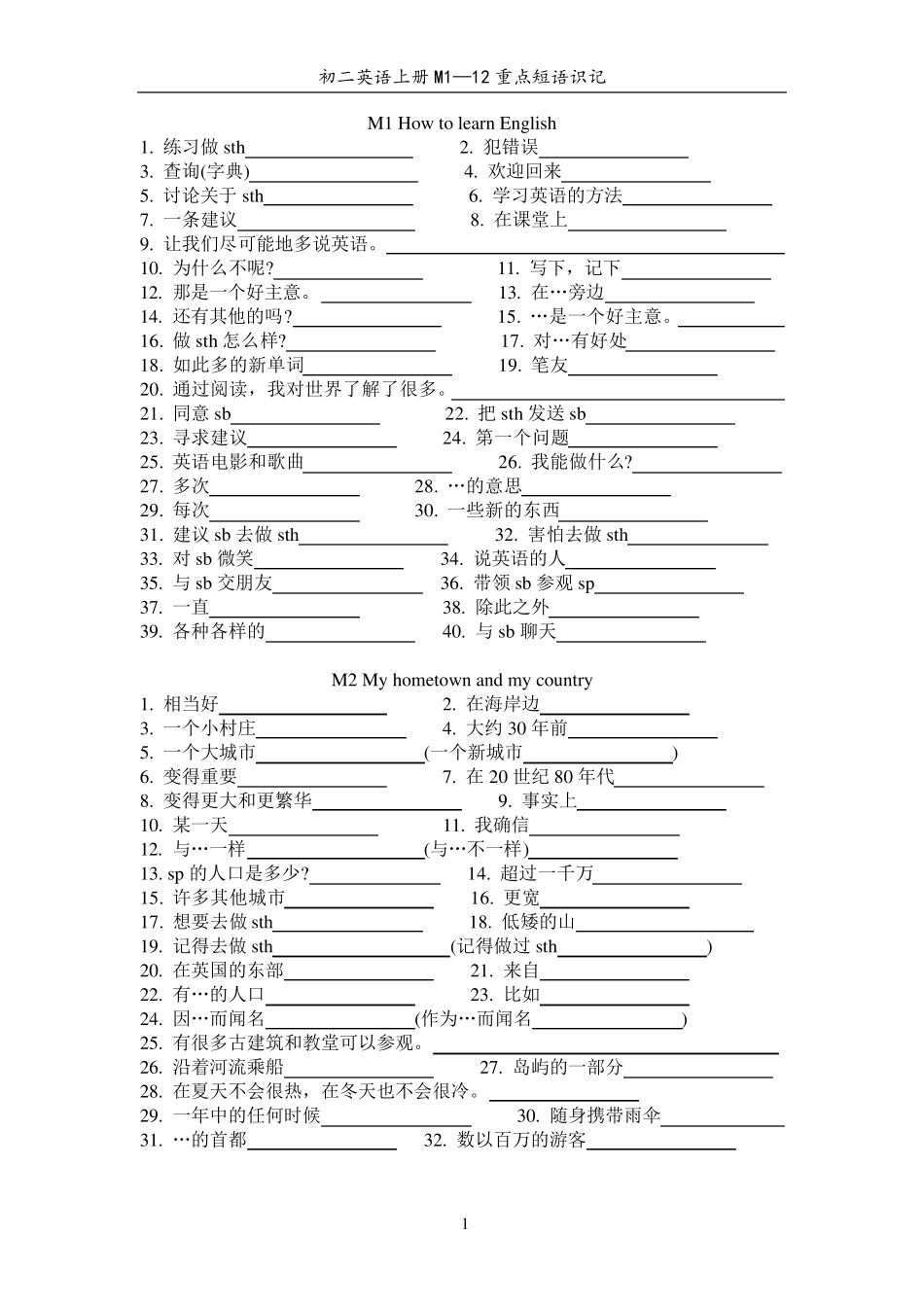 外研版八年级英语上册M1—12重点短语识记_第1页