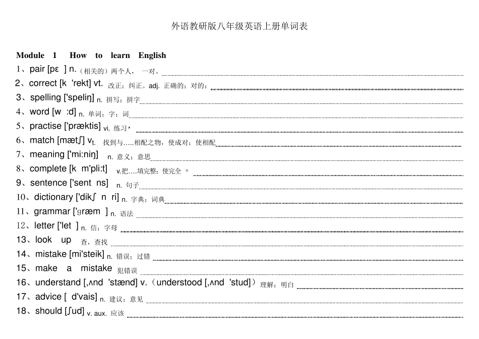 外研版八年级英语上册单词表_第1页