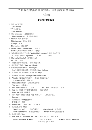 外研版初中英语七年级重点短语、词汇典型句型总结