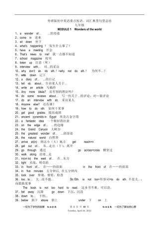 外研版初中英语九年级重点短语、词汇典型句型总结