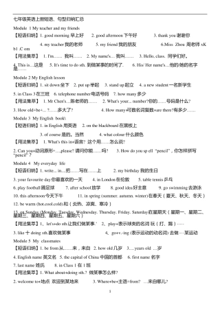 外研版初中英语各年级重点短语、句型归纳汇总