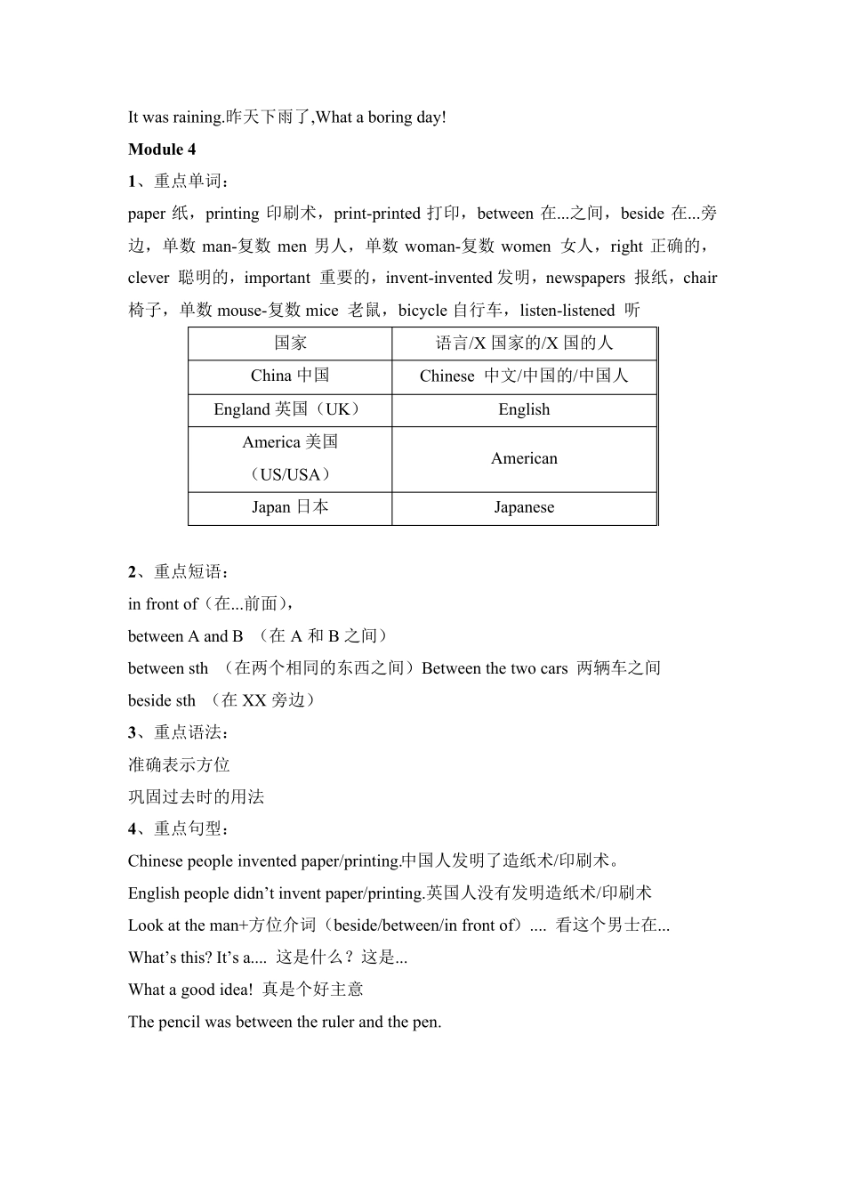 外研版小学英语(一年级起点)四年级上册四会词及重点句型_第3页