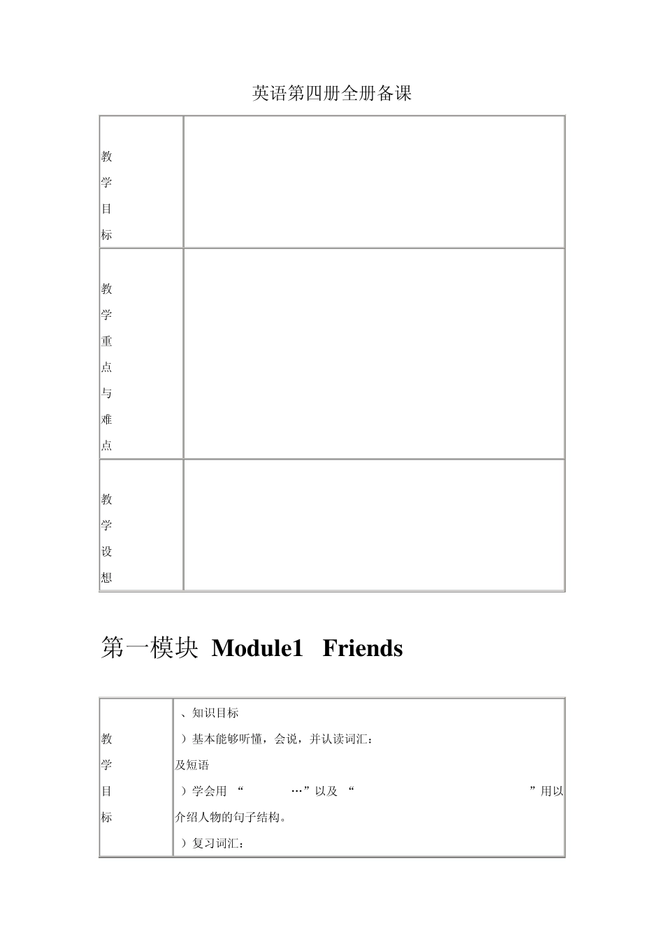 外研版英语三年级起点四年级下册全册教案(全英文表格式)_第1页