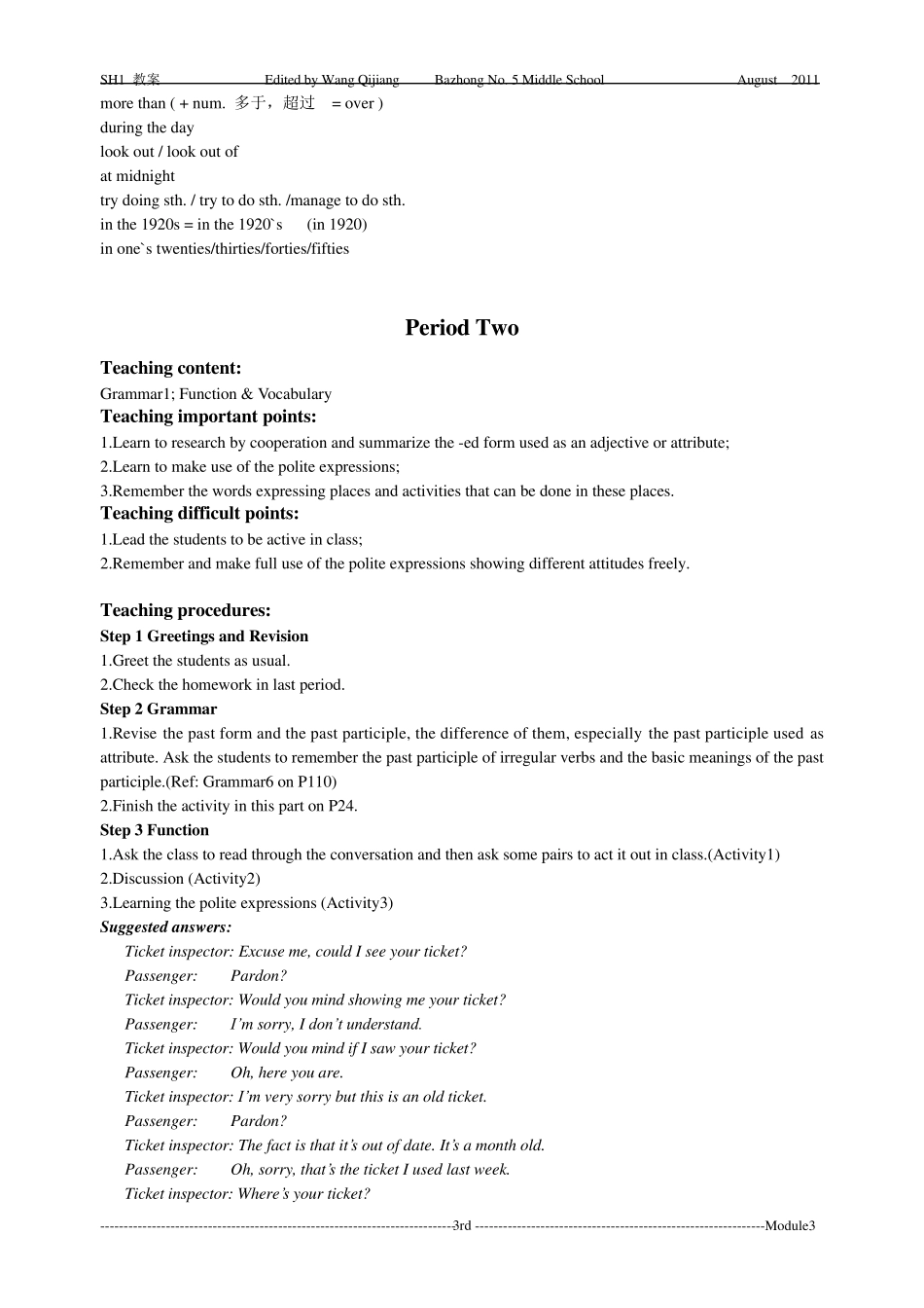 外研版高中英语必修1Module3教案_第3页